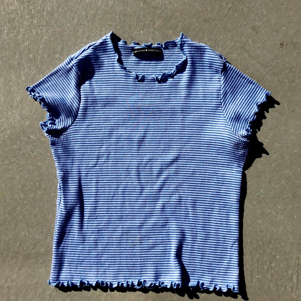 Brandy Melville Blue and White striped lettuce edge top